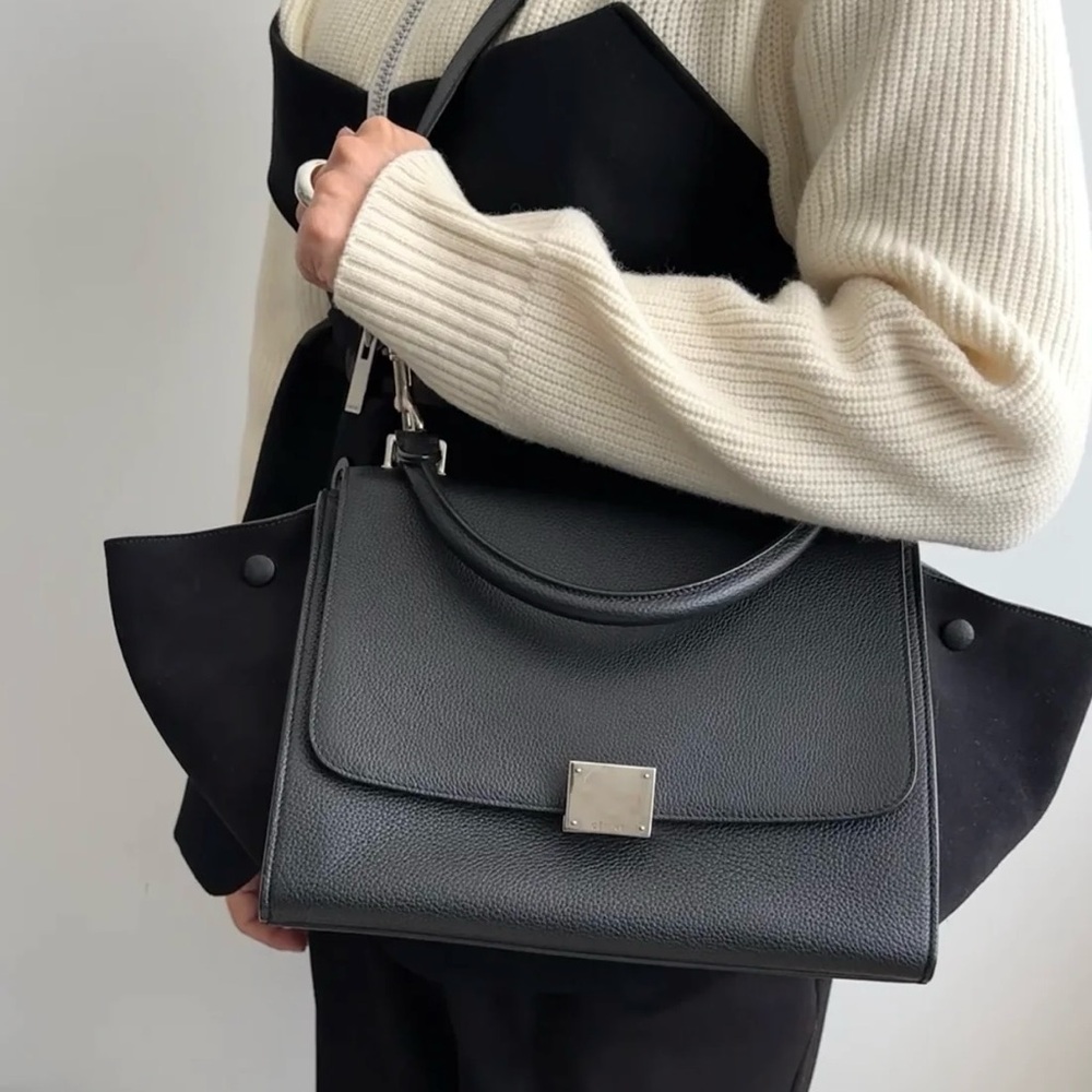 Authentic Celine Small Trapeze Top Handle Bag, Black Leather
